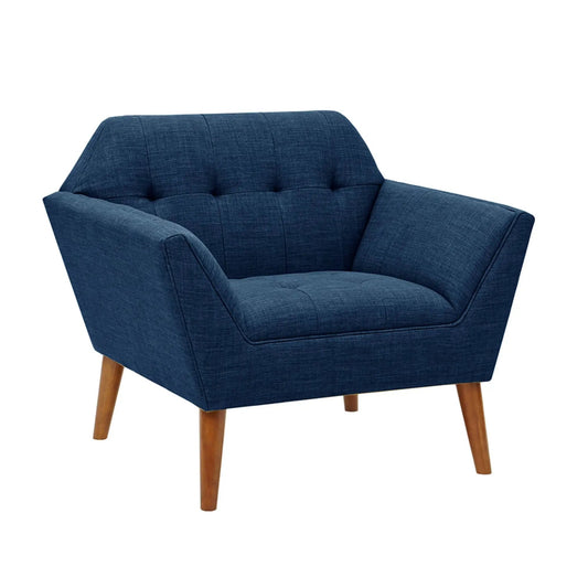 Modern lounge chair with button tufting, blue fabric upholstery, wooden legs on Tampa Home & Garden Store