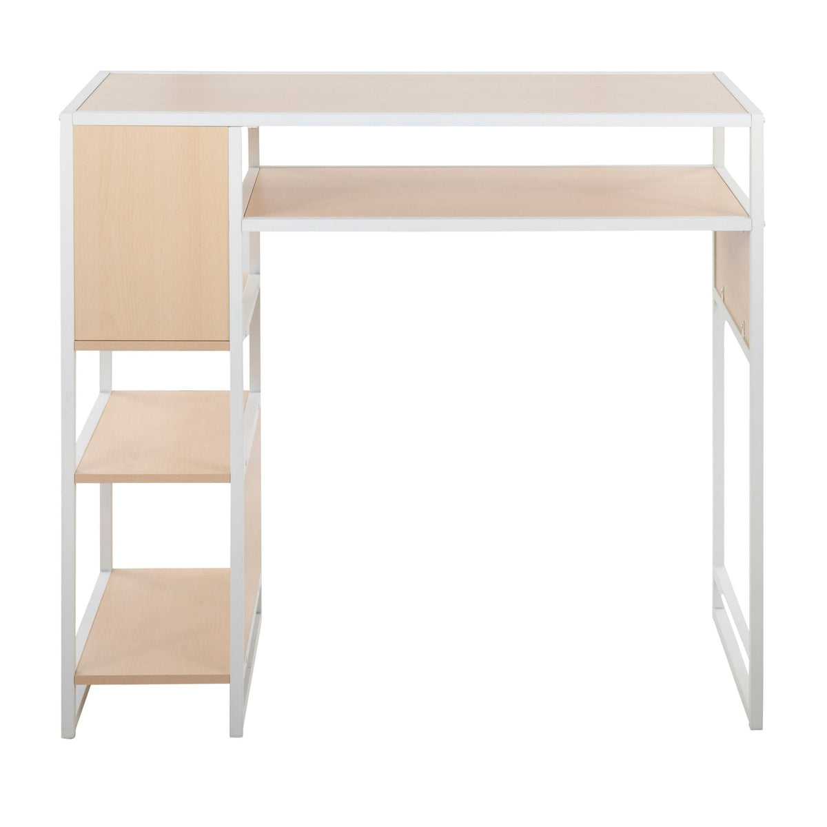 Farmhouse bar height table with storage, white frame and light brown shelves with cabinet on Tampa Home & Garden Store
