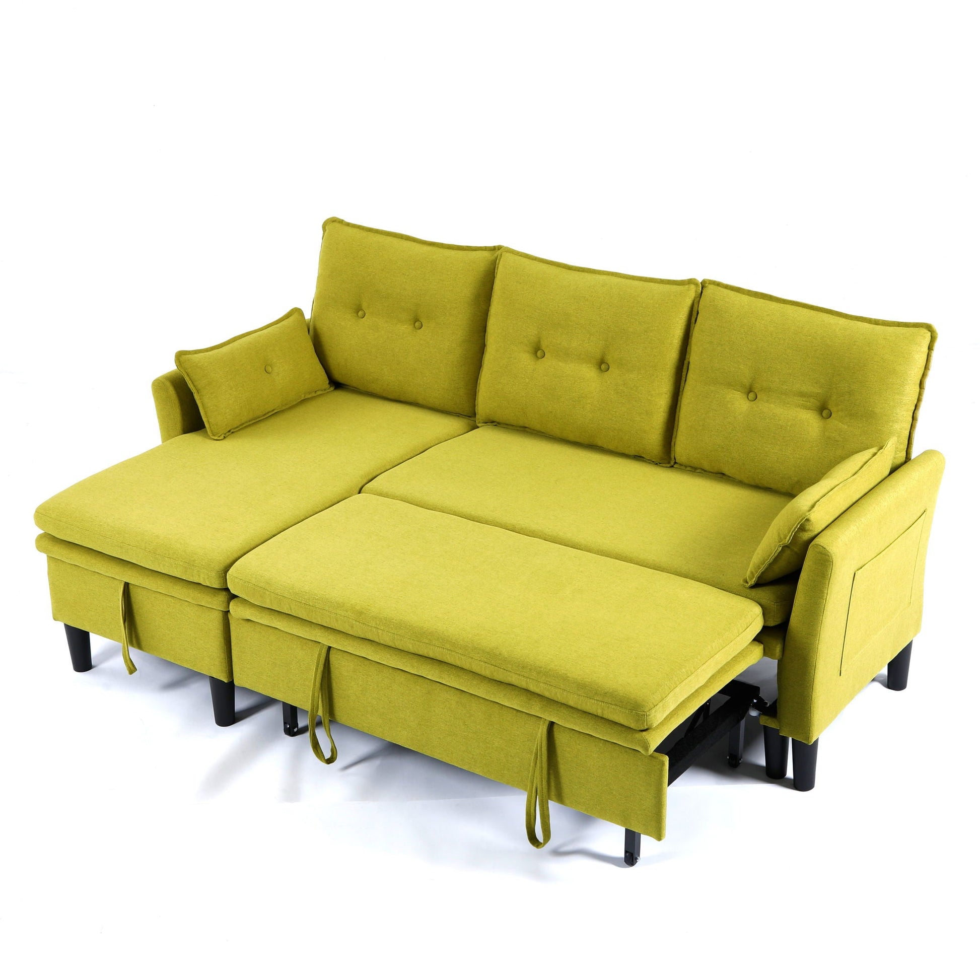 L-shaped lime yellow sleeper sectional with reversible chaise and storage ottomans on Tampa Home & Garden Store