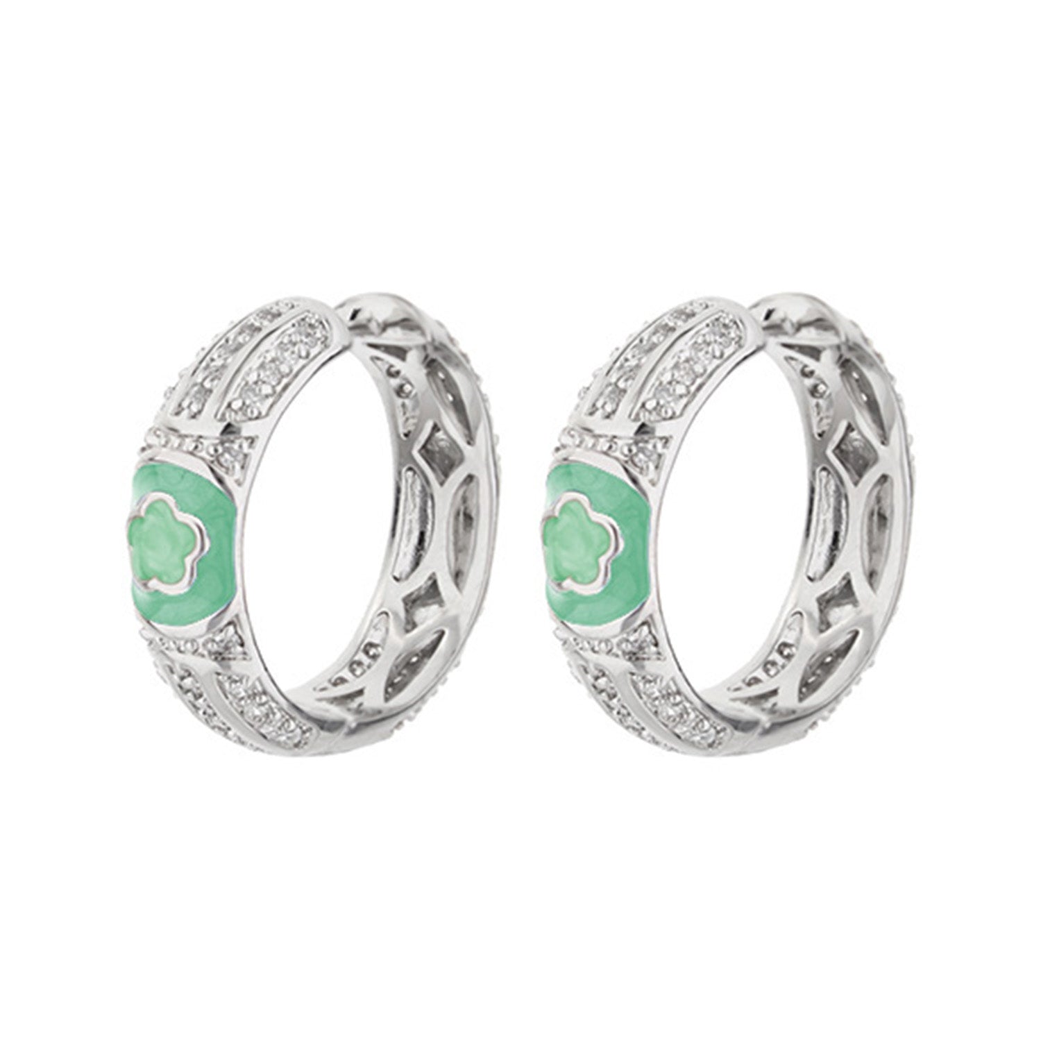 Dancing Daisy Earrings Pavé Flower Huggie, enamel hoops with green flower by Lauren G Adams on Tampa Home & Garden Store