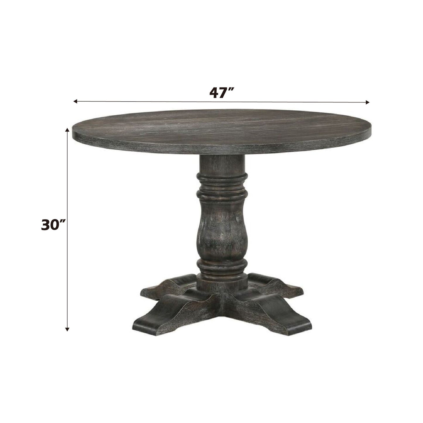 Leventis Weathered Gray Round Dining Table 47in dia with carved pedestal base on Tampa Home & Garden Store
