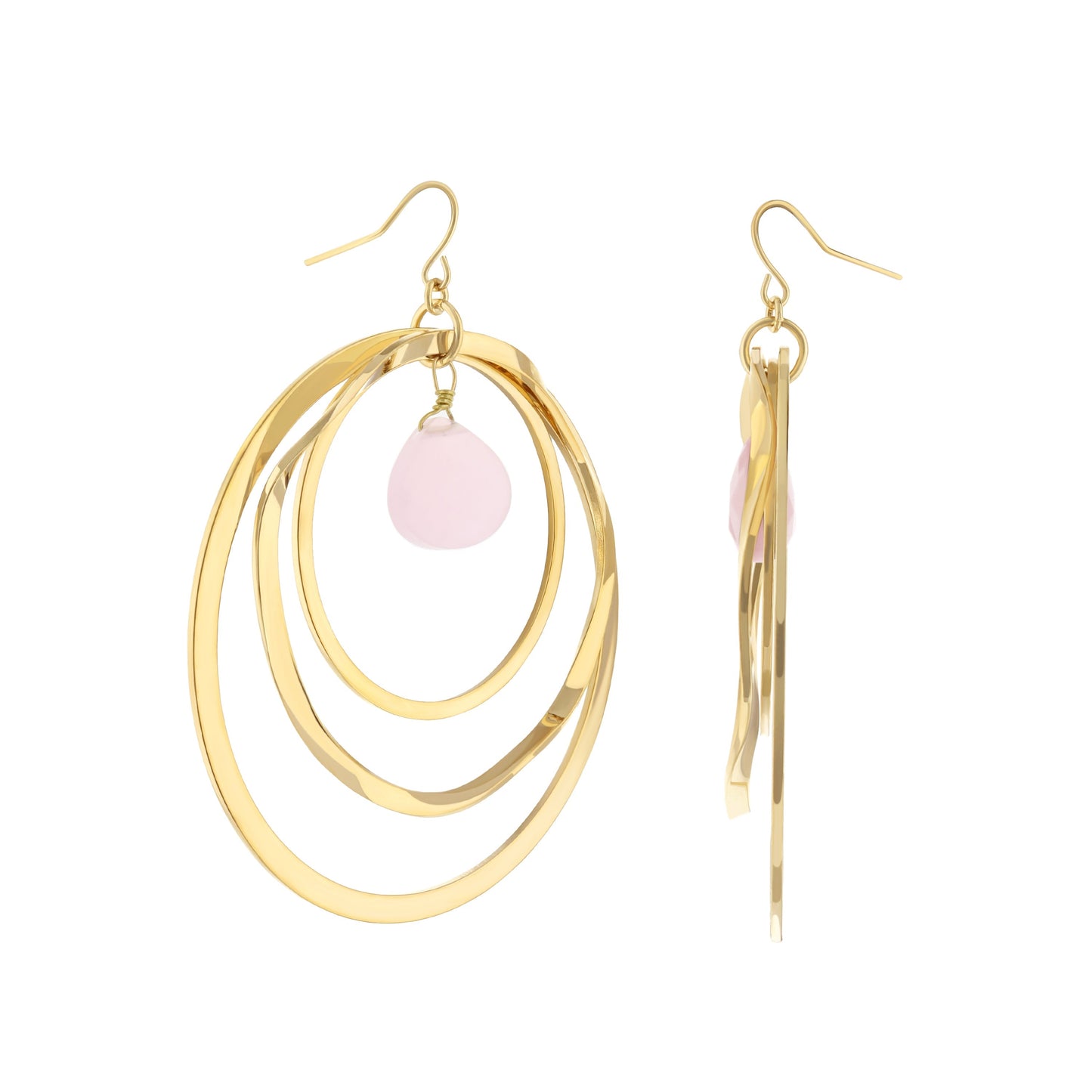 Gold-tone fish hook earrings with stacked circular hoops and pink teardrop bead on Tampa Home & Garden Store