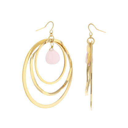Gold-tone fish hook earrings with stacked circular hoops and pink teardrop bead on Tampa Home & Garden Store