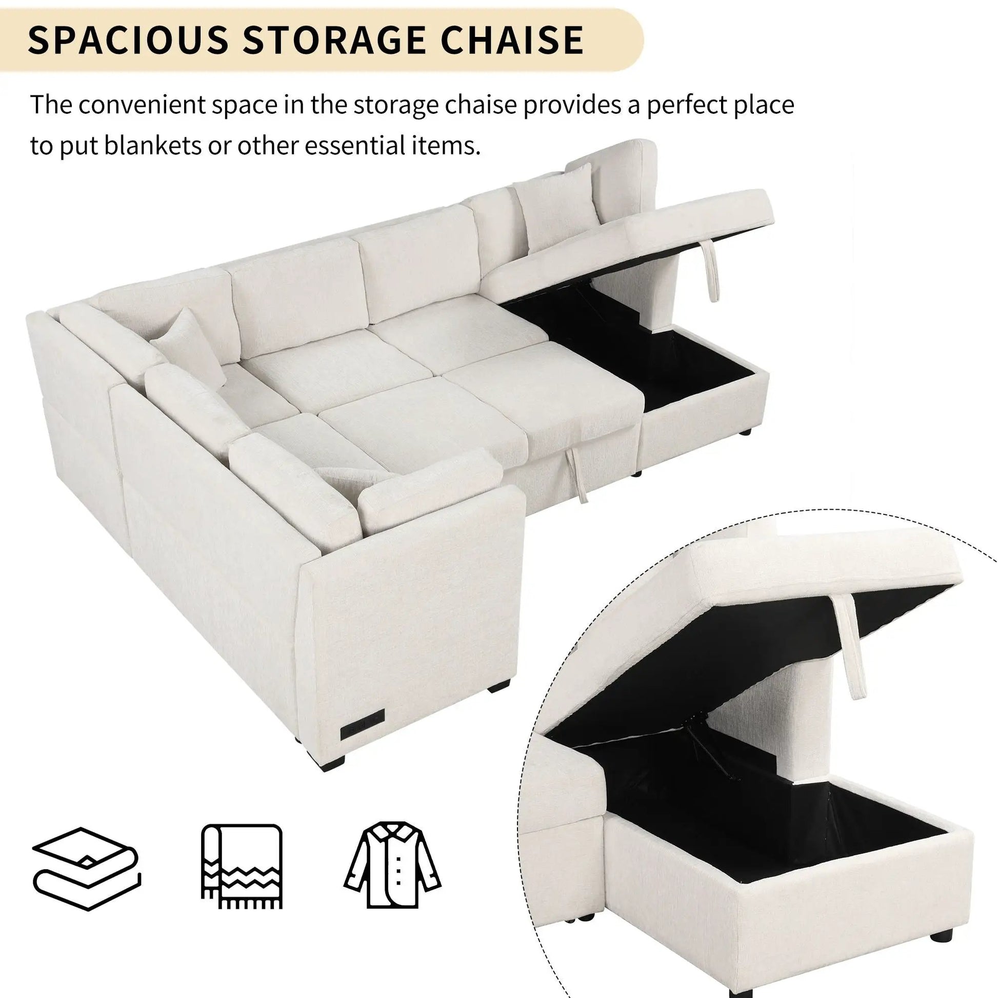 U-Shaped Sleeper Sectional Sofa beige fabric storage chaise and three back pillows on Tampa Home & Garden Store