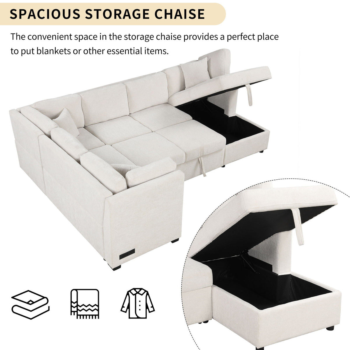 U-shaped sleeper sectional sofa with storage chaise in beige fabric, three pillows, pull-out bed on Tampa Home & Garden Store