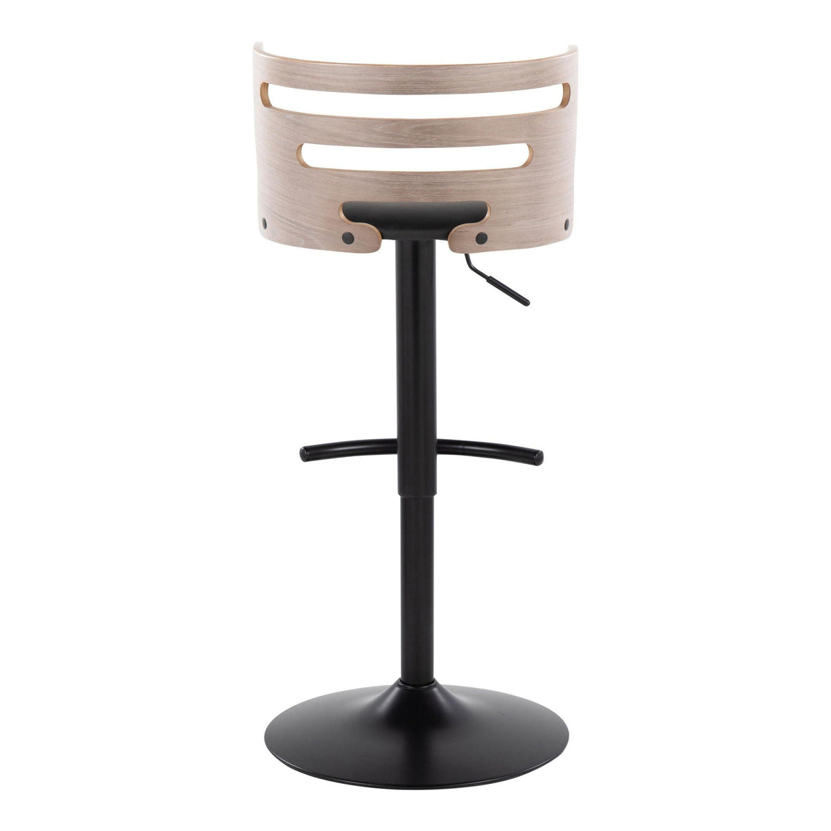 Mid-Century Modern adjustable barstool with swivel, natural wood shell and black pedestal base on Tampa Home & Garden Store