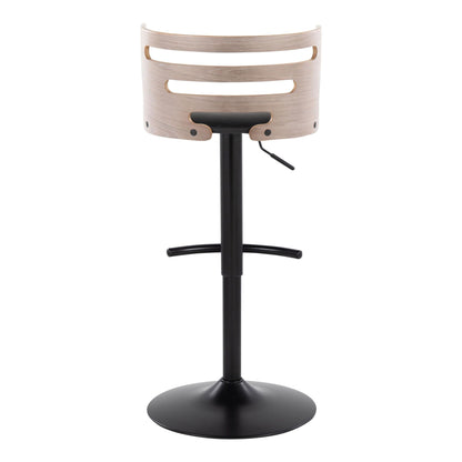 Mid-Century Modern adjustable barstool with swivel, natural wood shell and black pedestal base on Tampa Home & Garden Store