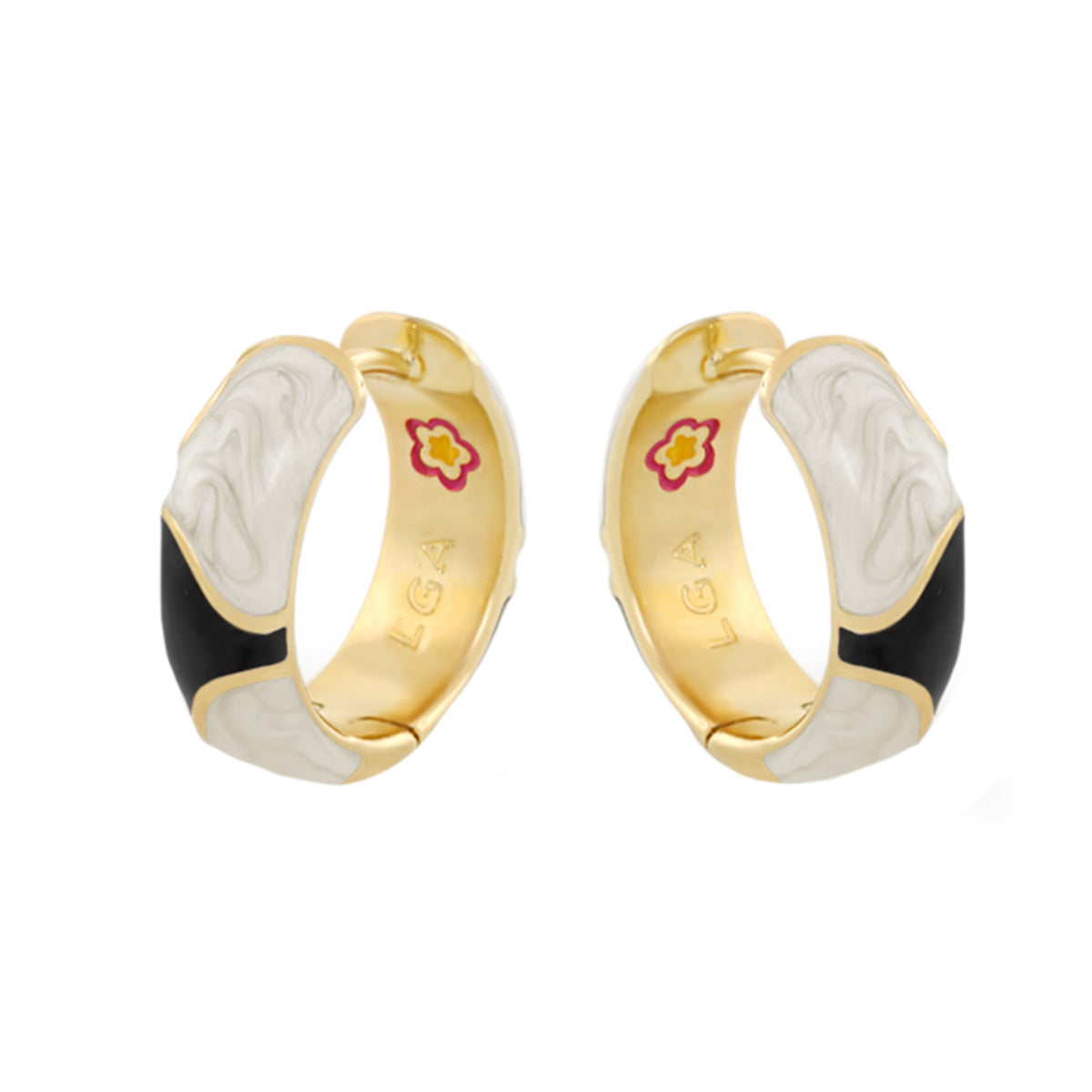Earth Wind and Pave Earrings by Lauren G Adams, gold huggie hoops with white and black enamel on Tampa Home & Garden Store