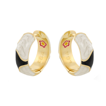 Earth Wind and Pave Earrings by Lauren G Adams, gold huggie hoops with white and black enamel on Tampa Home & Garden Store