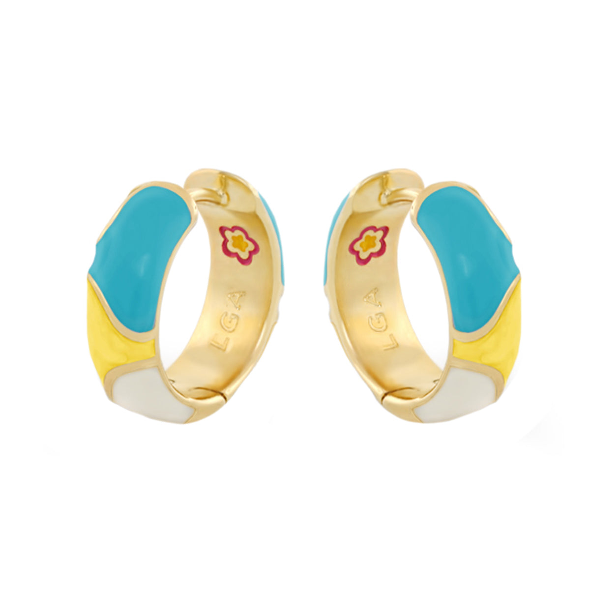 Earth Wind and Pave Earrings by Lauren G Adams turquoise yellow white enamel on gold hoops on Tampa Home & Garden Store