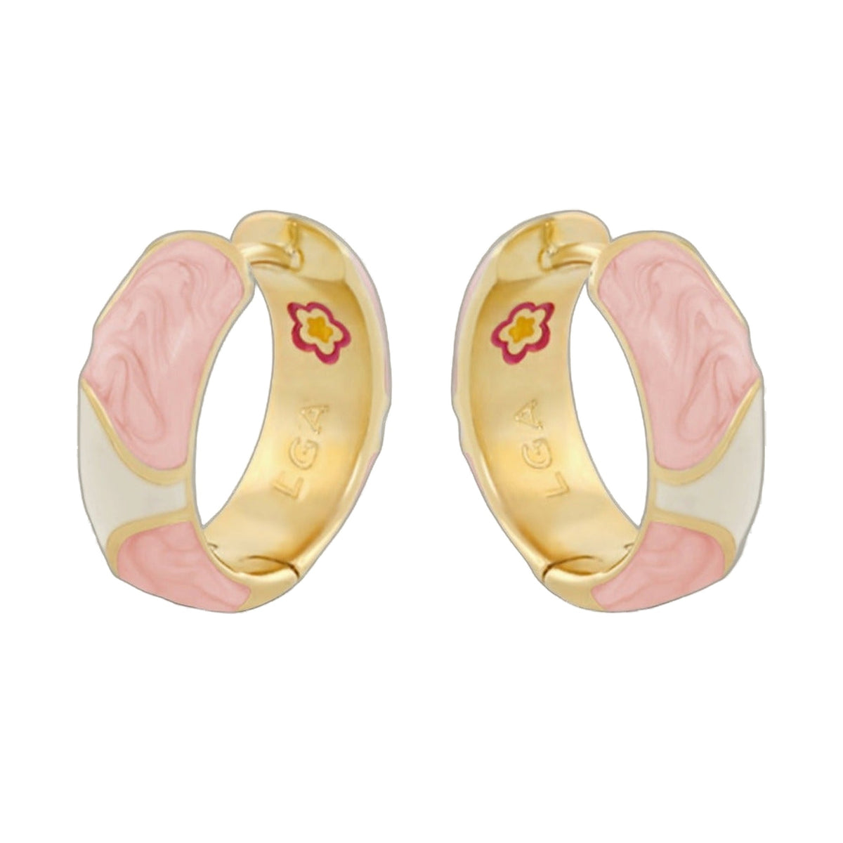 Earth Wind and Pave Earrings by Lauren G Adams, gold-tone hoop pair with pink enamel on Tampa Home & Garden Store