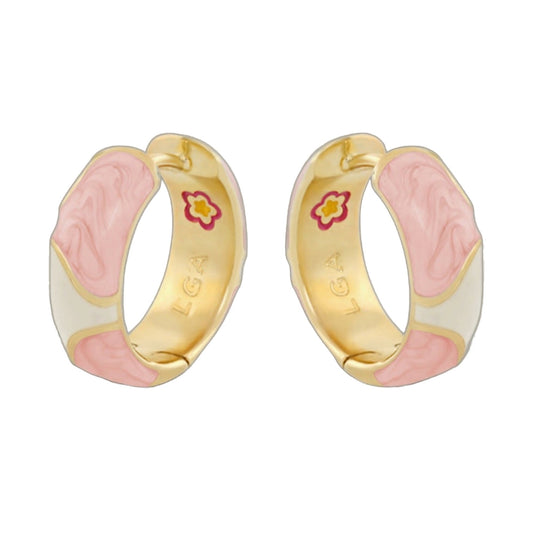 Earth Wind and Pave Earrings by Lauren G Adams, gold-tone hoop pair with pink enamel on Tampa Home & Garden Store