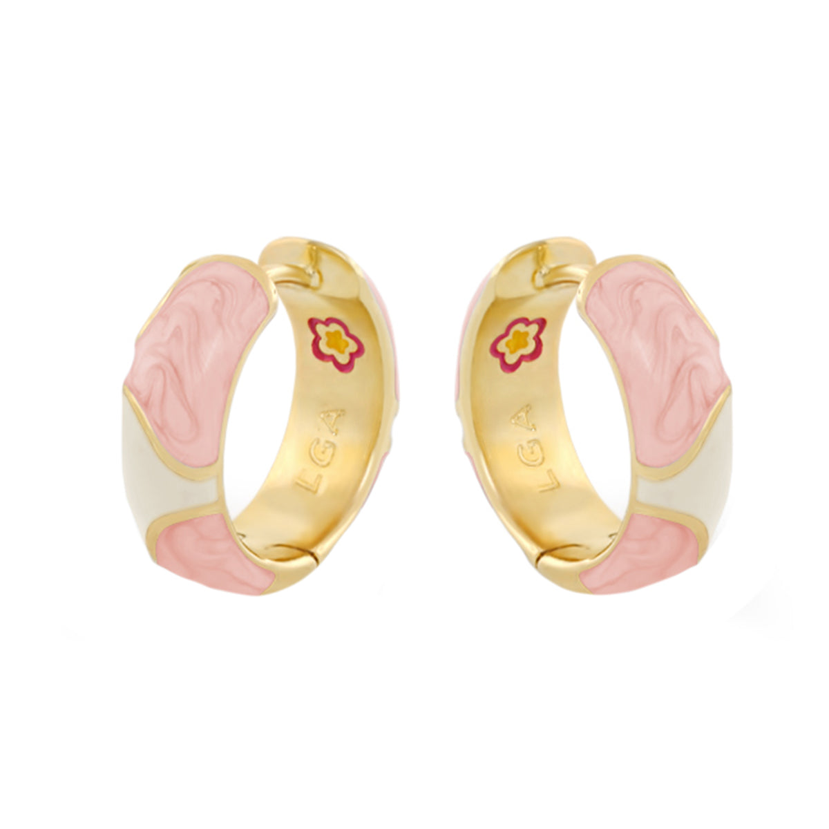 Earth Wind and Pave Earrings gold-tone hoops with pink swirl enamel Lauren G Adams stamp inside on Tampa Home & Garden Store
