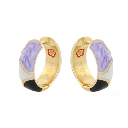 Earth Wind and Pave Earrings by Lauren G Adams, gold-tone hoops with lavender enamel, pair on Tampa Home & Garden Store