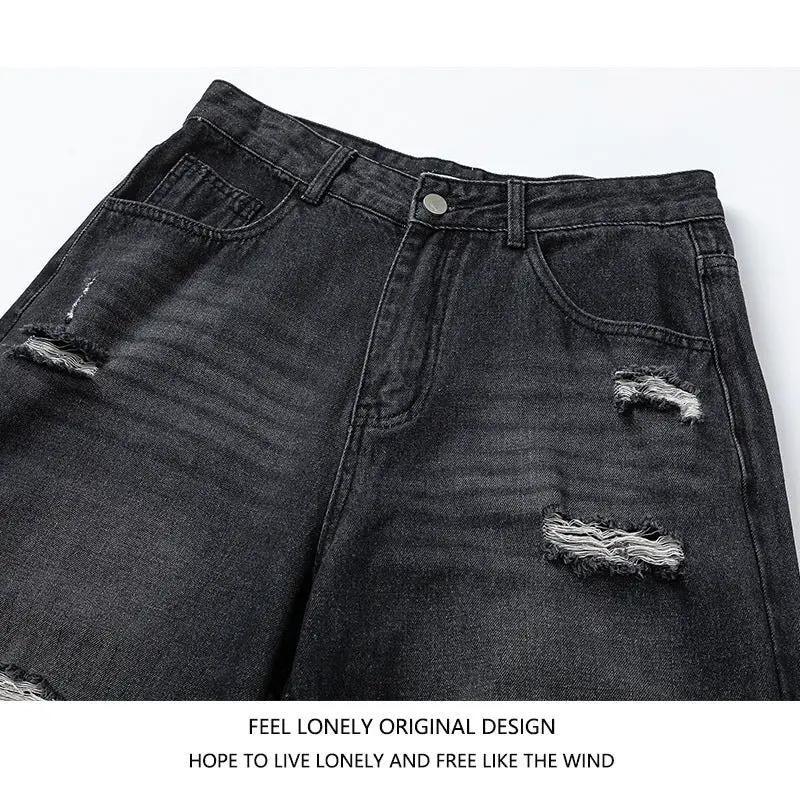Men's FLIPSTYLEZLLC camouflage-stitch wide-leg black denim jeans with distressed rips on Tampa Home & Garden Store