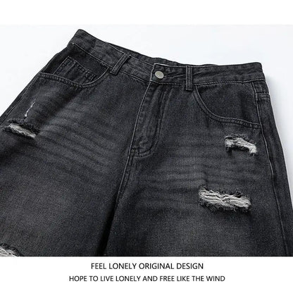 Men's FLIPSTYLEZLLC camouflage-stitch wide-leg black denim jeans with distressed rips on Tampa Home & Garden Store