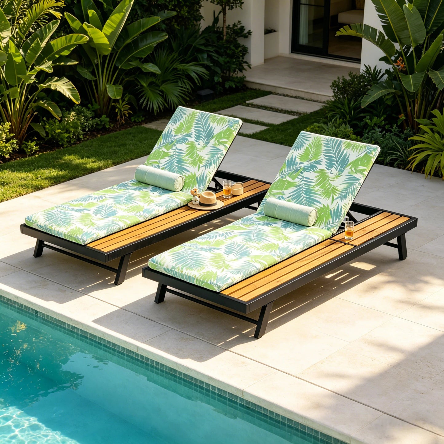 Black Iron and Teak Outdoor Chaise Lounge Set