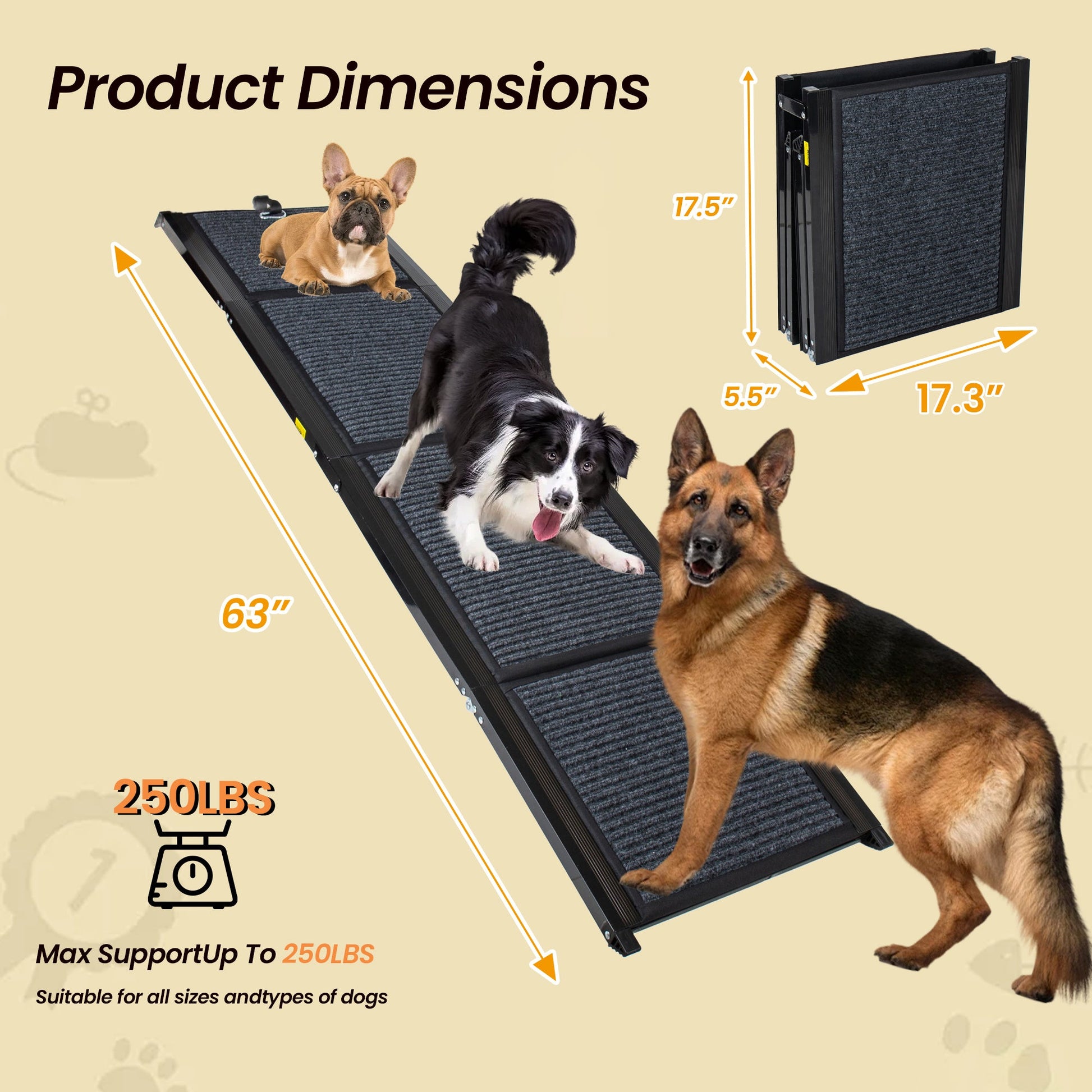 HouseOfZazla folding dog ramp for cars, 63in long x 17.3in wide, textured black surface on Tampa Home & Garden Store