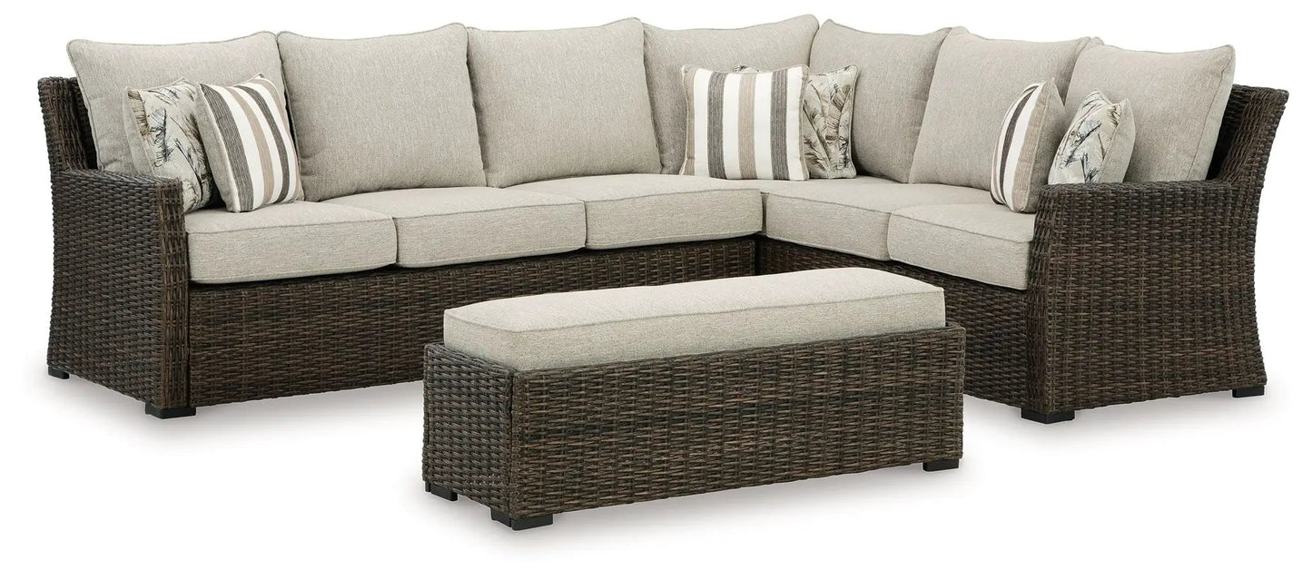 Brook Ranch 3-Piece Outdoor Sofa Sectional Brown Wicker Beige Cushions on Tampa Home & Garden Store