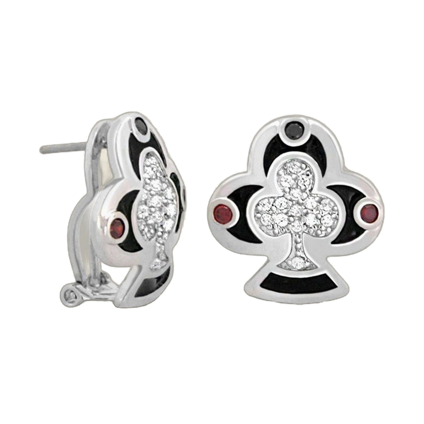 Players Club Earring pair, silver-tone flower studs with clear crystals and black enamel accents on Tampa Home & Garden Store