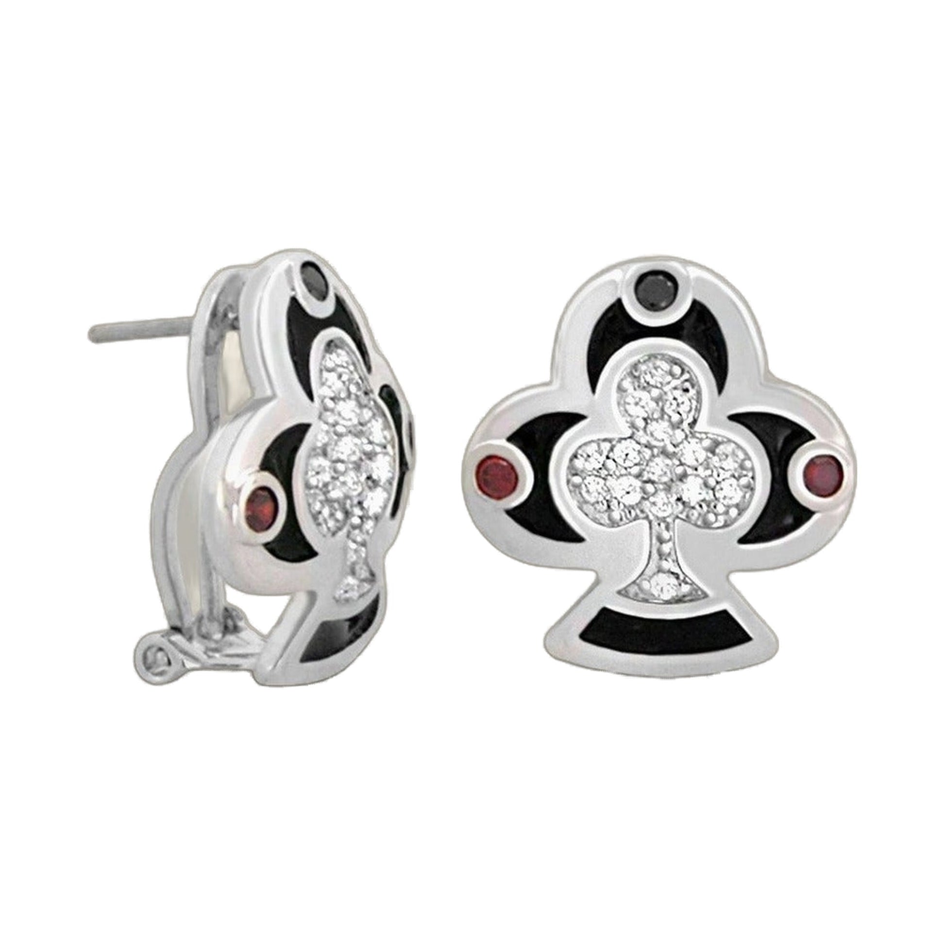 Players Club Earring pair, silver-tone flower studs with clear crystals and black enamel accents on Tampa Home & Garden Store