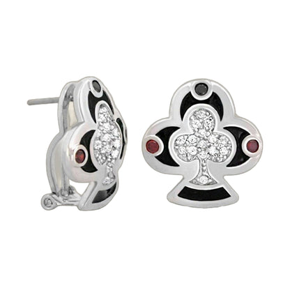Players Club Earring pair, silver-tone flower studs with clear crystals and black enamel accents on Tampa Home & Garden Store