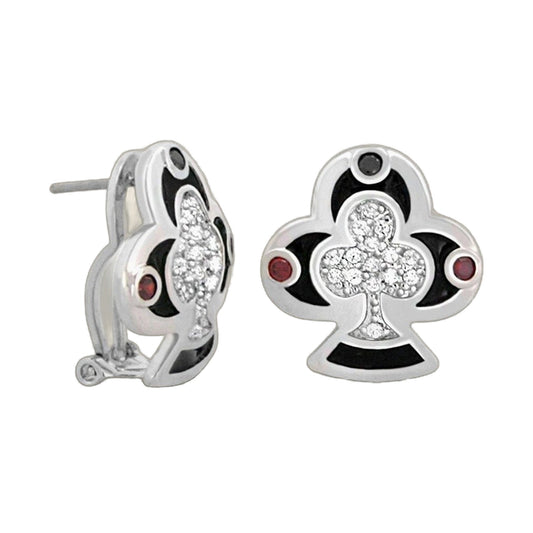 Players Club Earring pair, silver-tone flower studs with clear crystals and black enamel accents on Tampa Home & Garden Store