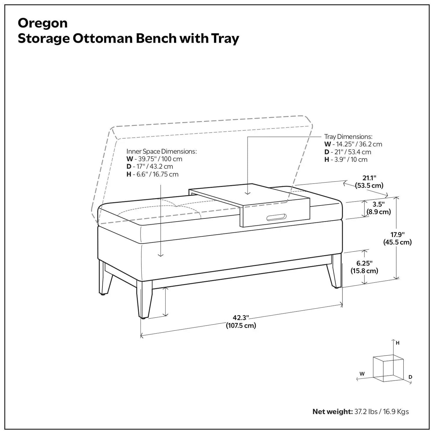 Oregon Contemporary Storage Ottoman Bench with Tray line diagram showing inner storage and tray on Tampa Home & Garden Store