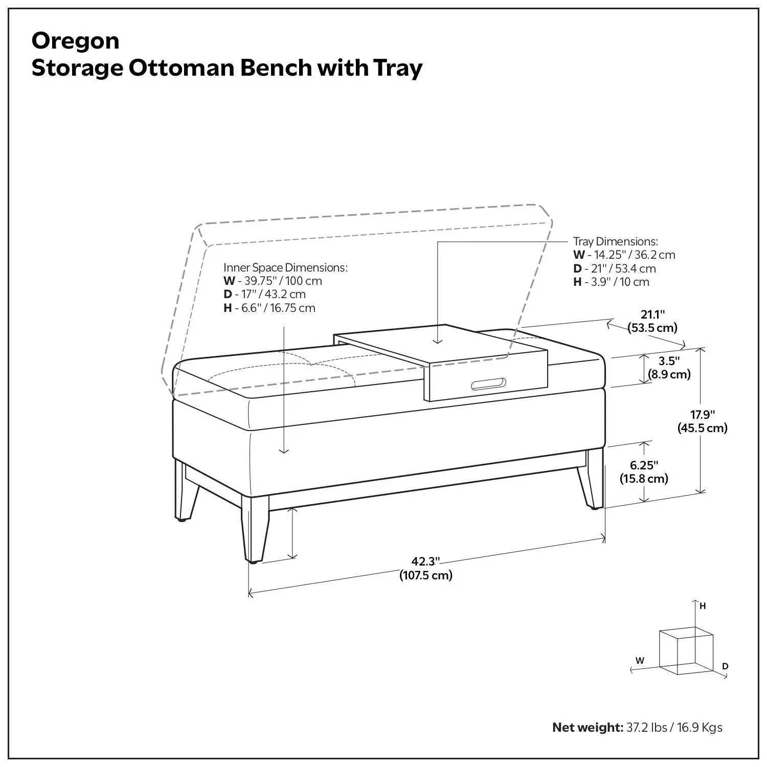 Oregon Contemporary Storage Ottoman Bench with Tray line diagram showing inner storage and tray on Tampa Home & Garden Store
