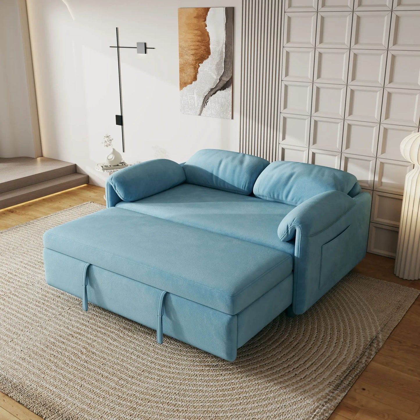 Sofa, Dual Purpose Lounge With Retractable Queen Size Bed - blue fabric, modern sleeper on Tampa Home & Garden Store