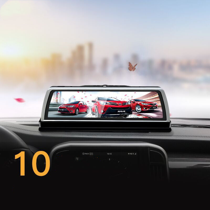 Road Detective K500 dash cam centerconsole, black housing with full-screen display shows red cars on Tampa Home & Garden Store