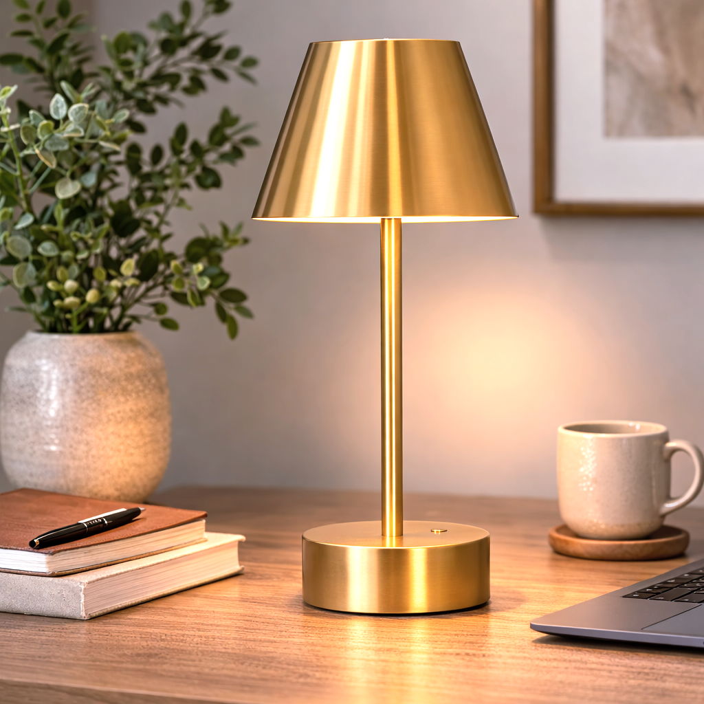 Elegance Rechargeable LED Table Lamp by HouseOfZazla, brass finish, touch switch on Tampa Home & Garden Store