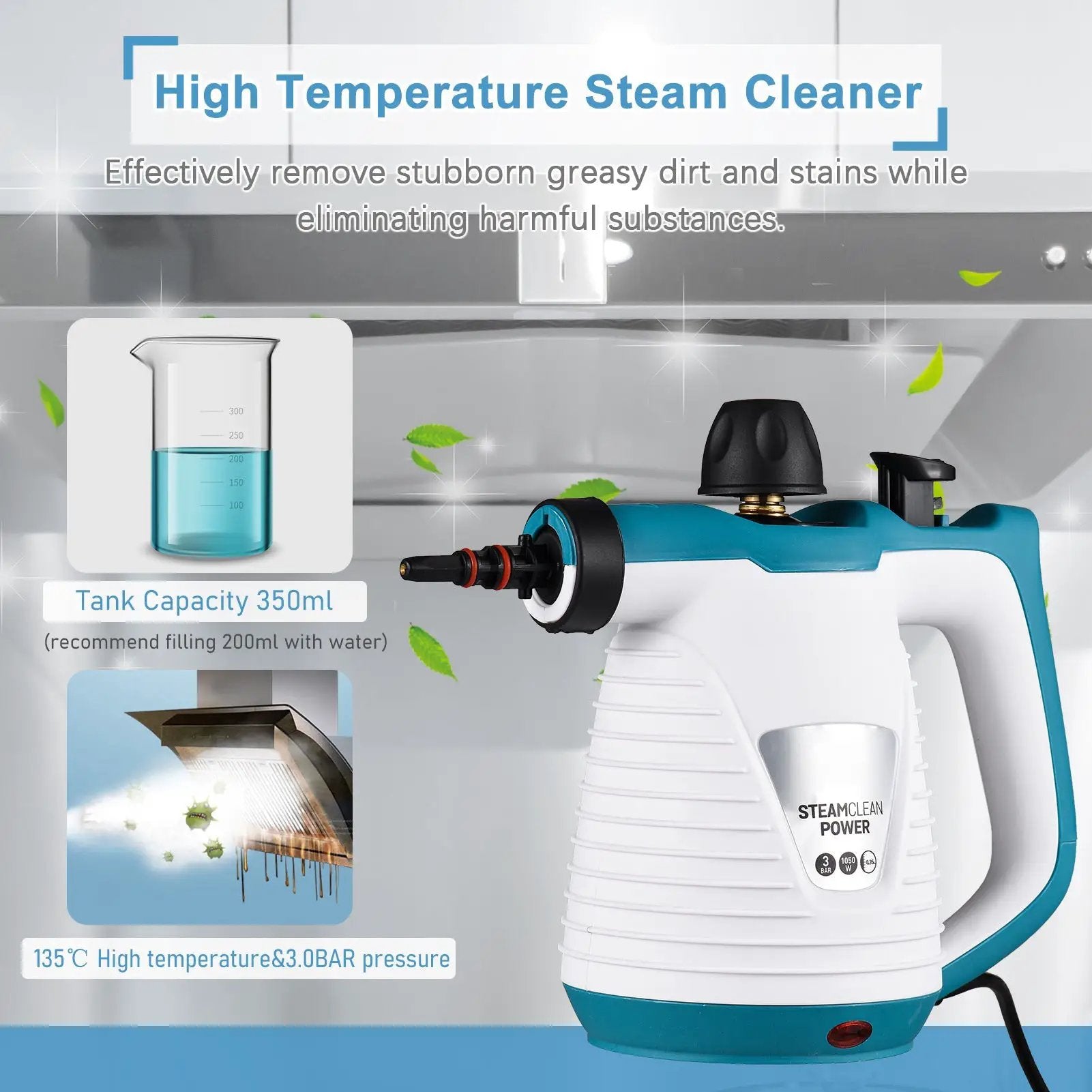 Q388 Steam Cleaner blue/white handheld for kitchen decontamination with high-temperature steam on Tampa Home & Garden Store
