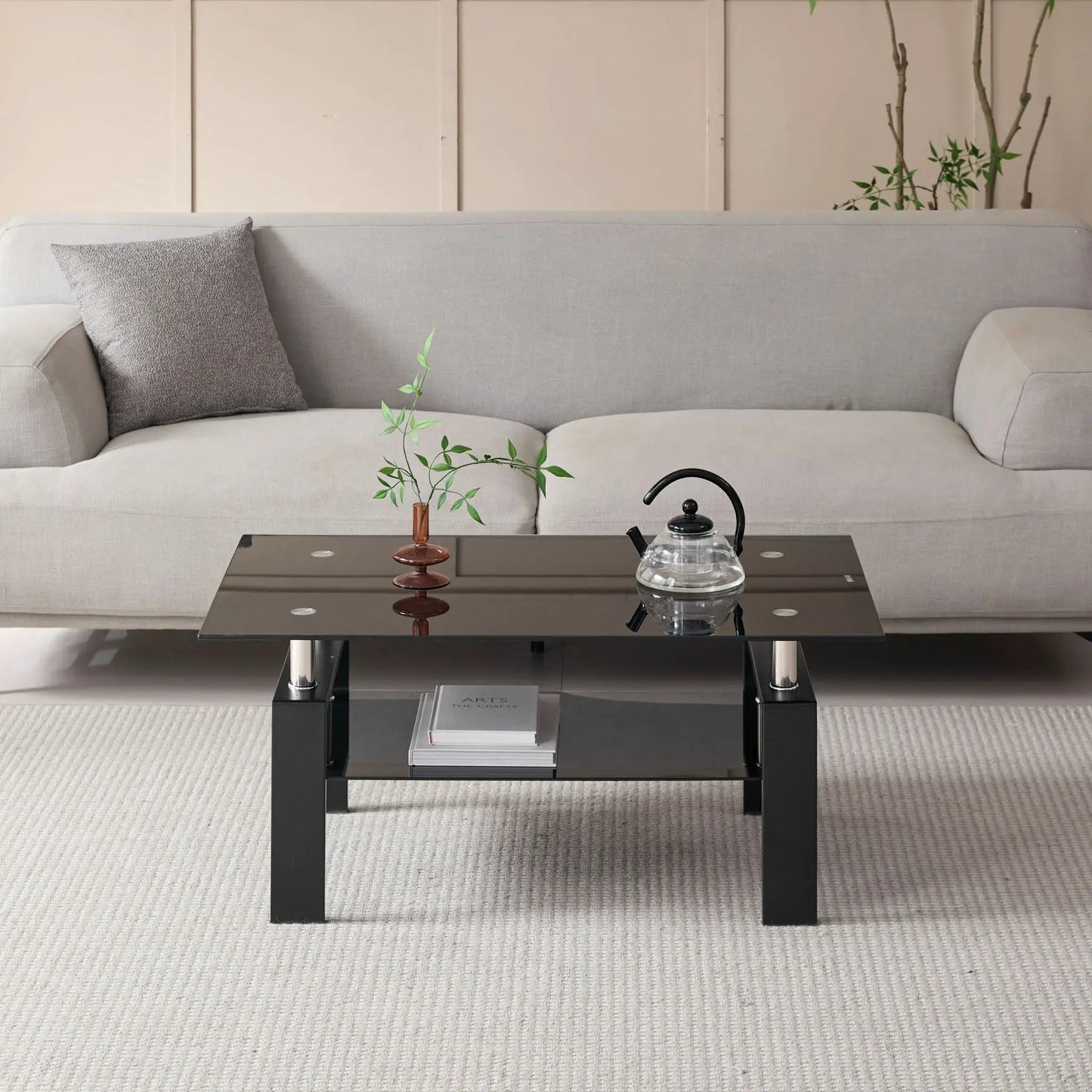Tempered Glass Table With Storage For Living Room