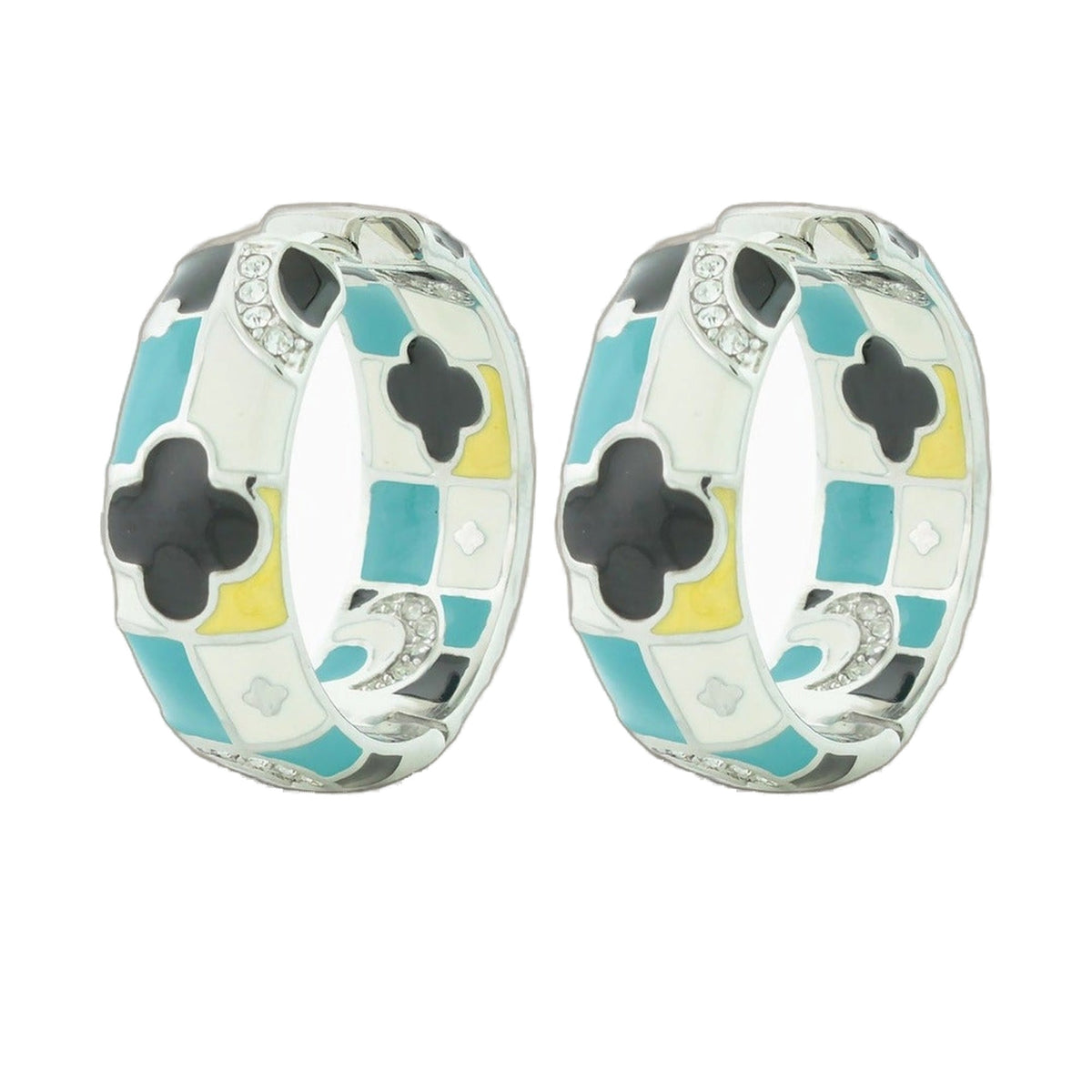 Fun Clover Earring enamel hoop pair in mosaic turquoise and white with crystals Lauren G Adams on Tampa Home & Garden Store