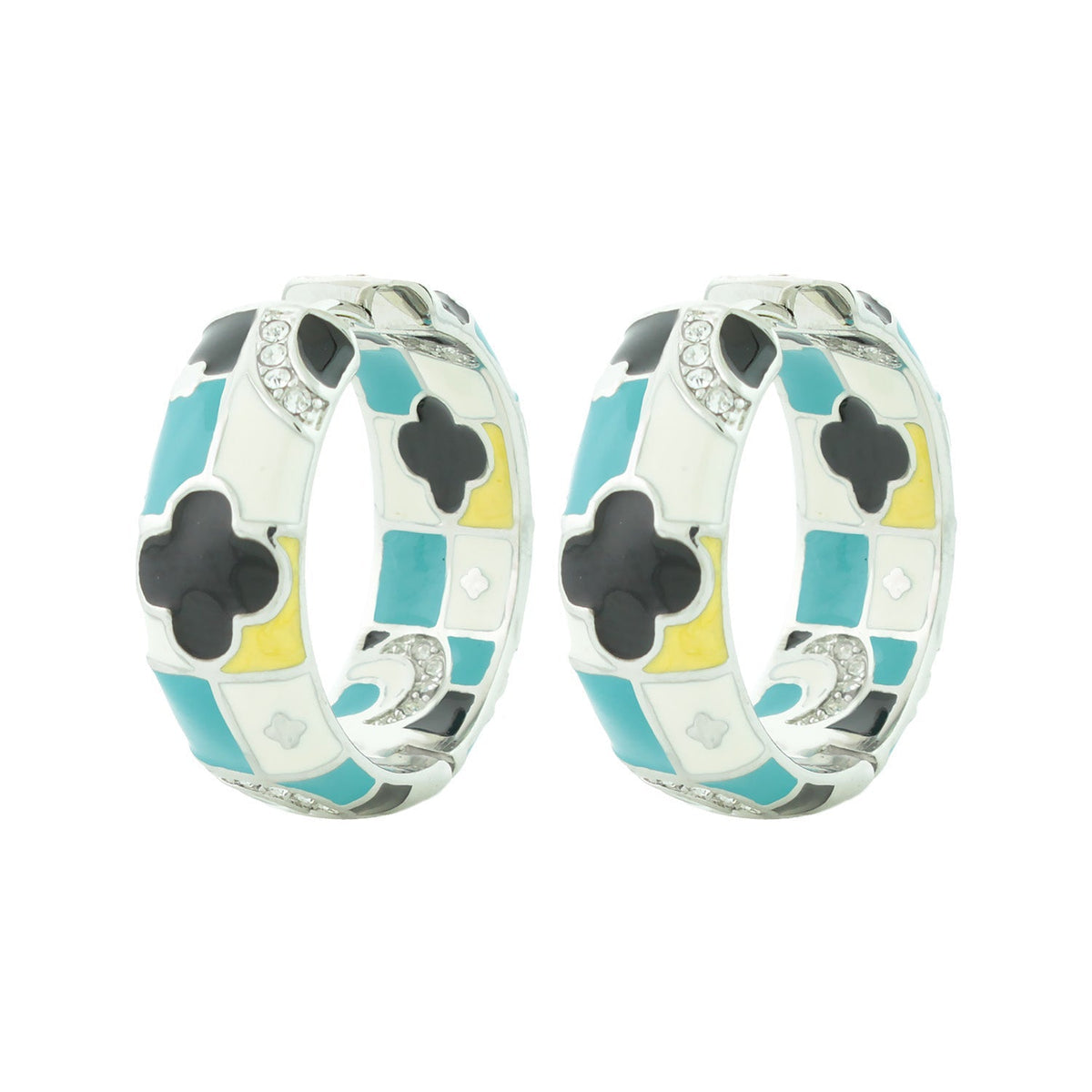 Fun Clover Earring enamel hoop by Lauren G Adams, mosaic with black clover and rhinestones on Tampa Home & Garden Store