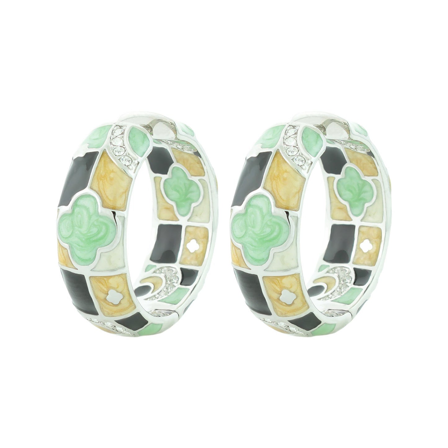 Enamel hoop earrings Fun Clover by Lauren G Adams, green clover mosaic, yellow/black tiles, pair on Tampa Home & Garden Store