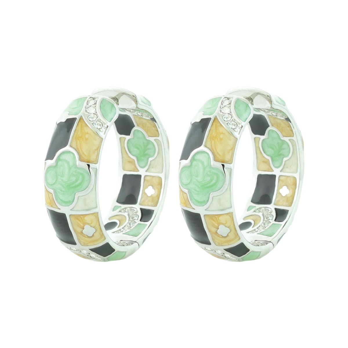 Enamel hoop earrings Fun Clover by Lauren G Adams, green clover mosaic, yellow/black tiles, pair on Tampa Home & Garden Store
