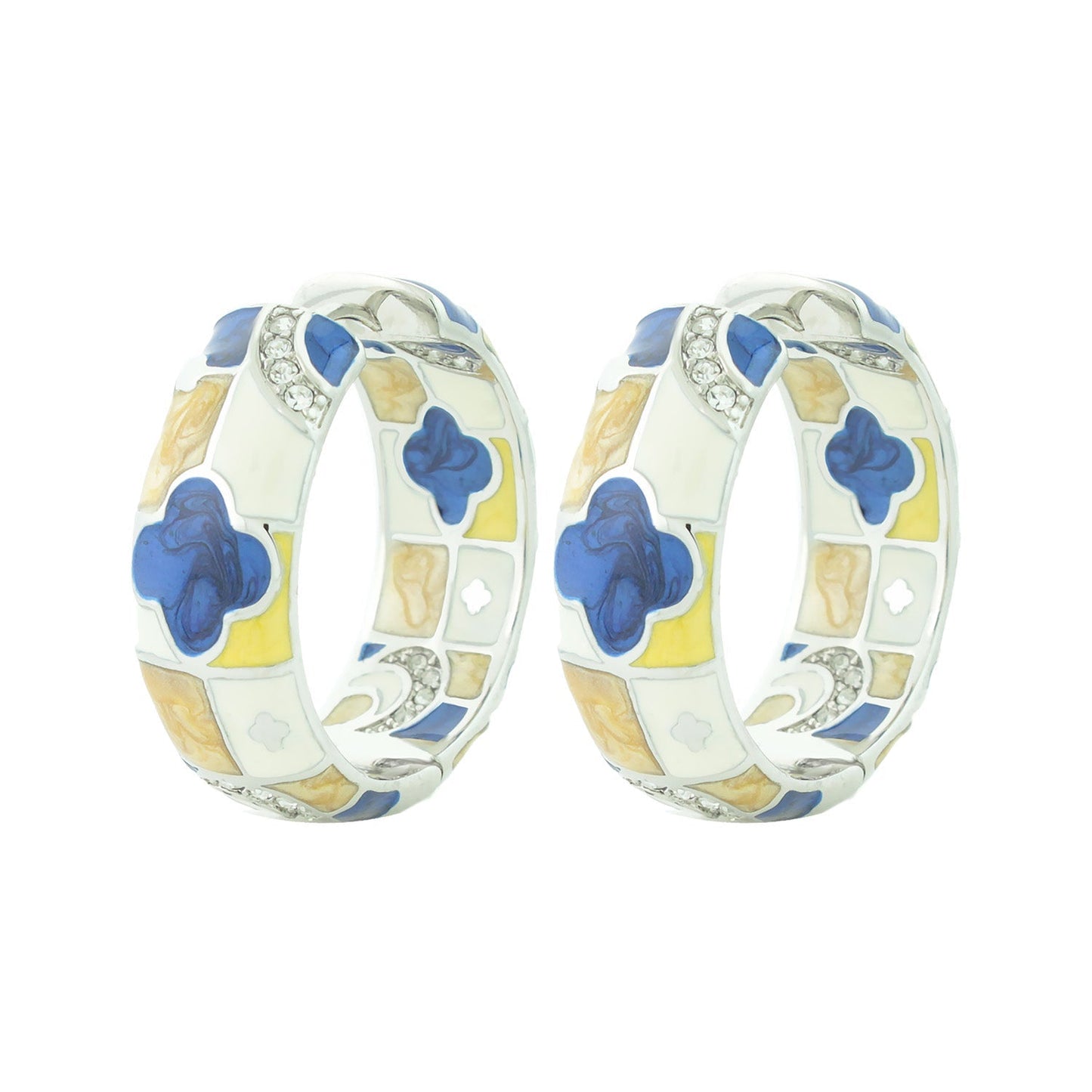 Fun Clover Earring pair by Lauren G Adams, enamel hoops with blue clover mosaic and crystals on Tampa Home & Garden Store
