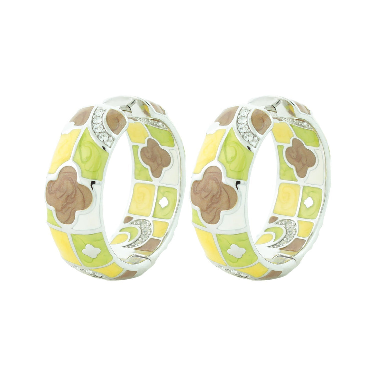 Fun Clover Earring enamel hoop pair with yellow, green, brown mosaic panels and crystals on Tampa Home & Garden Store