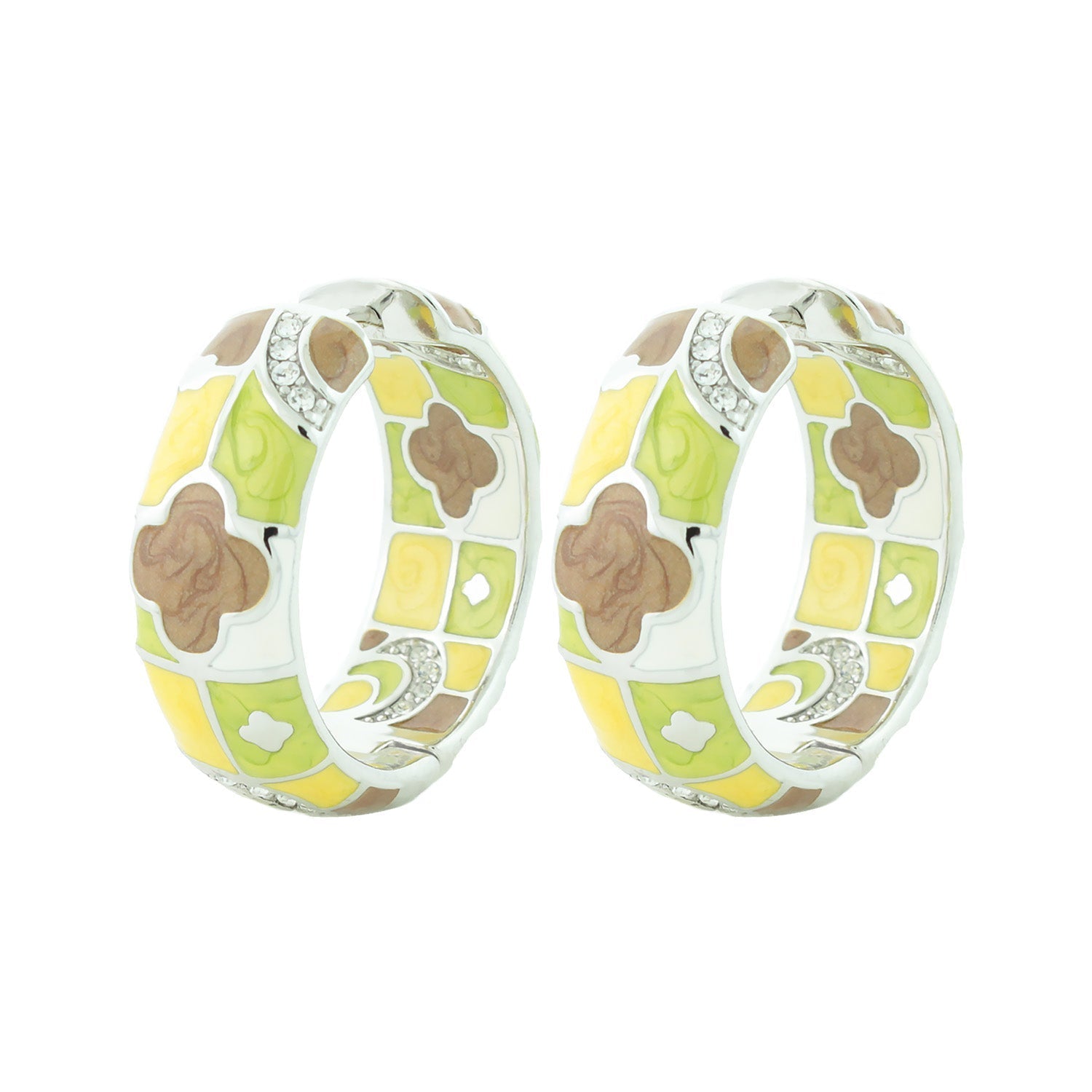 Fun Clover Earring enamel hoop pair with yellow, green, brown mosaic panels and crystals on Tampa Home & Garden Store