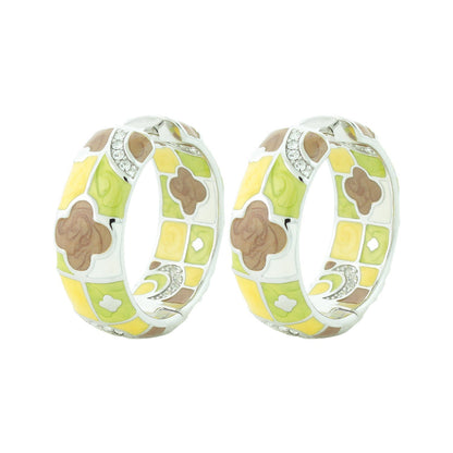 Fun Clover Earring enamel hoop pair with yellow, green, brown mosaic panels and crystals on Tampa Home & Garden Store