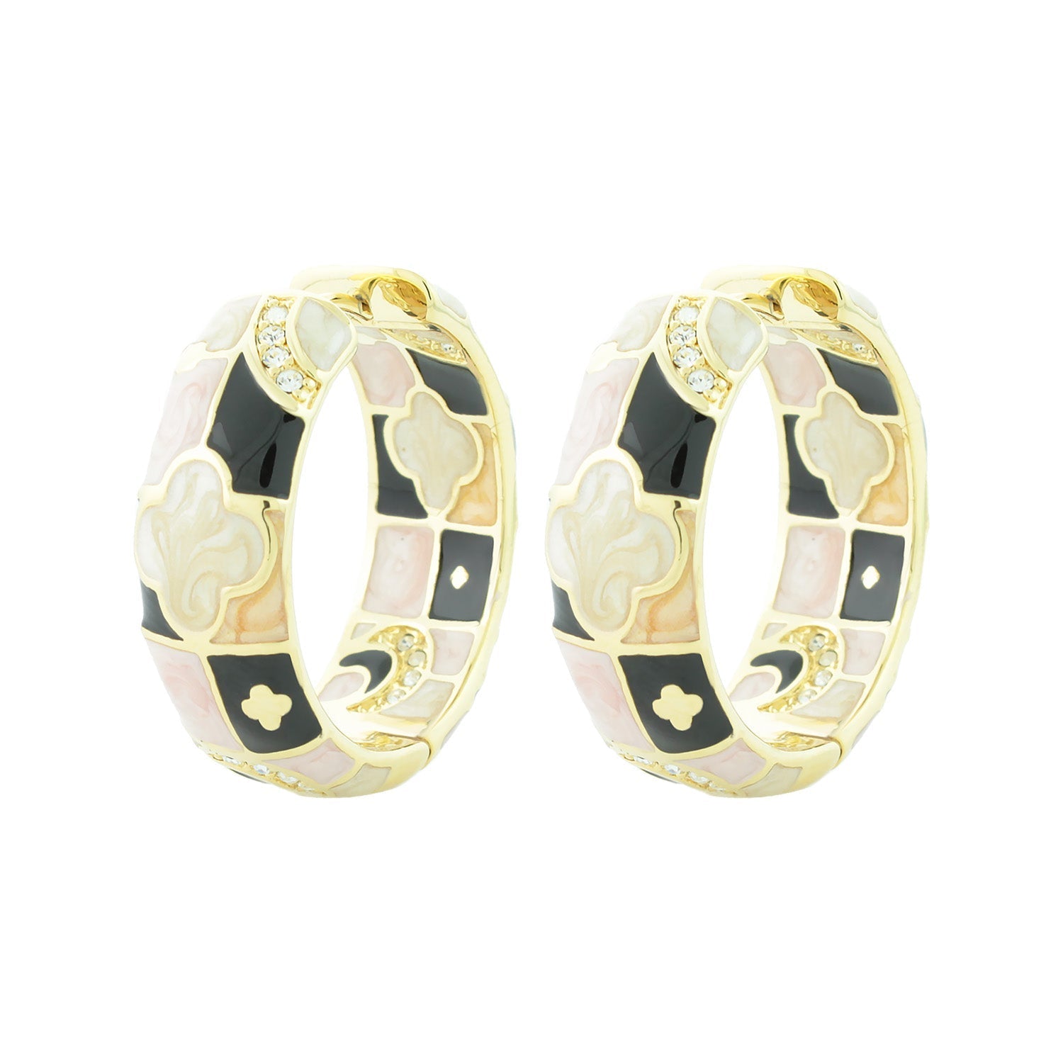 Fun Clover Enamel Hoop Earrings pair gold-tone with pink and black mosaic accents on Tampa Home & Garden Store