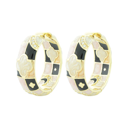 Fun Clover Enamel Hoop Earrings pair gold-tone with pink and black mosaic accents on Tampa Home & Garden Store