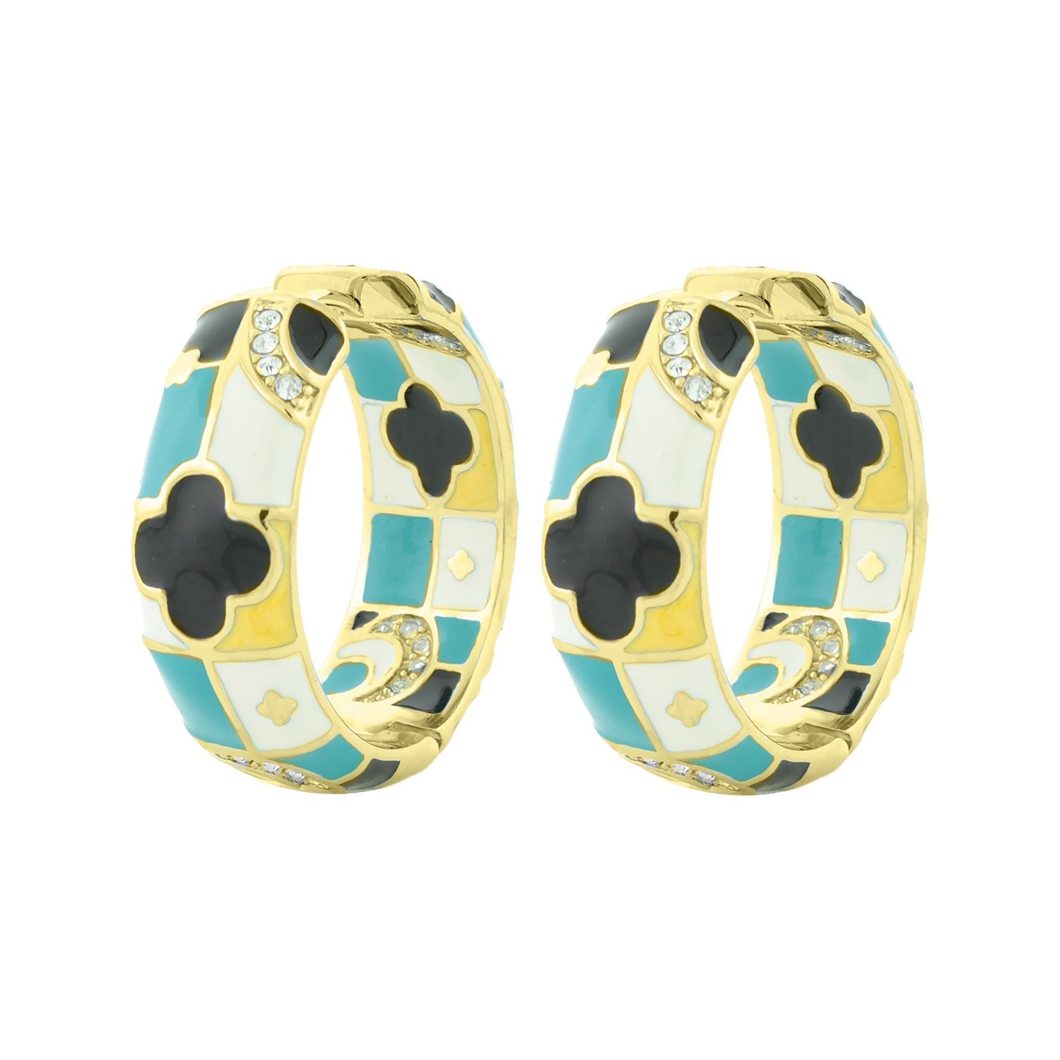 Fun Clover Earring, enamel turquoise white mosaic hoops with gold frame by Lauren G Adams on Tampa Home & Garden Store
