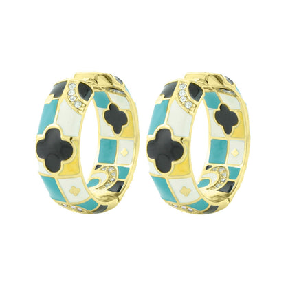 Fun Clover Earring, enamel turquoise white mosaic hoops with gold frame by Lauren G Adams on Tampa Home & Garden Store