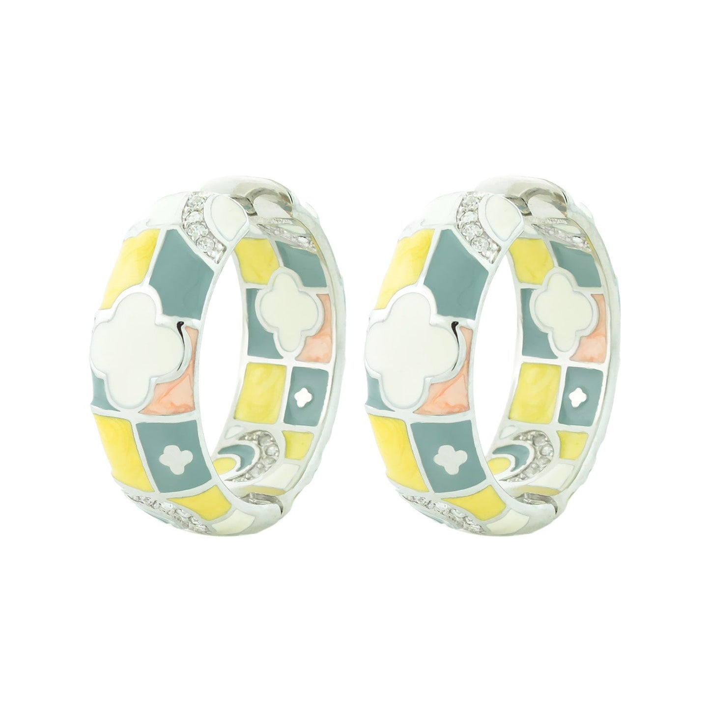Fun Clover Earring enamel hoop pair by Lauren G Adams in pastel mosaic with cloud motifs on Tampa Home & Garden Store