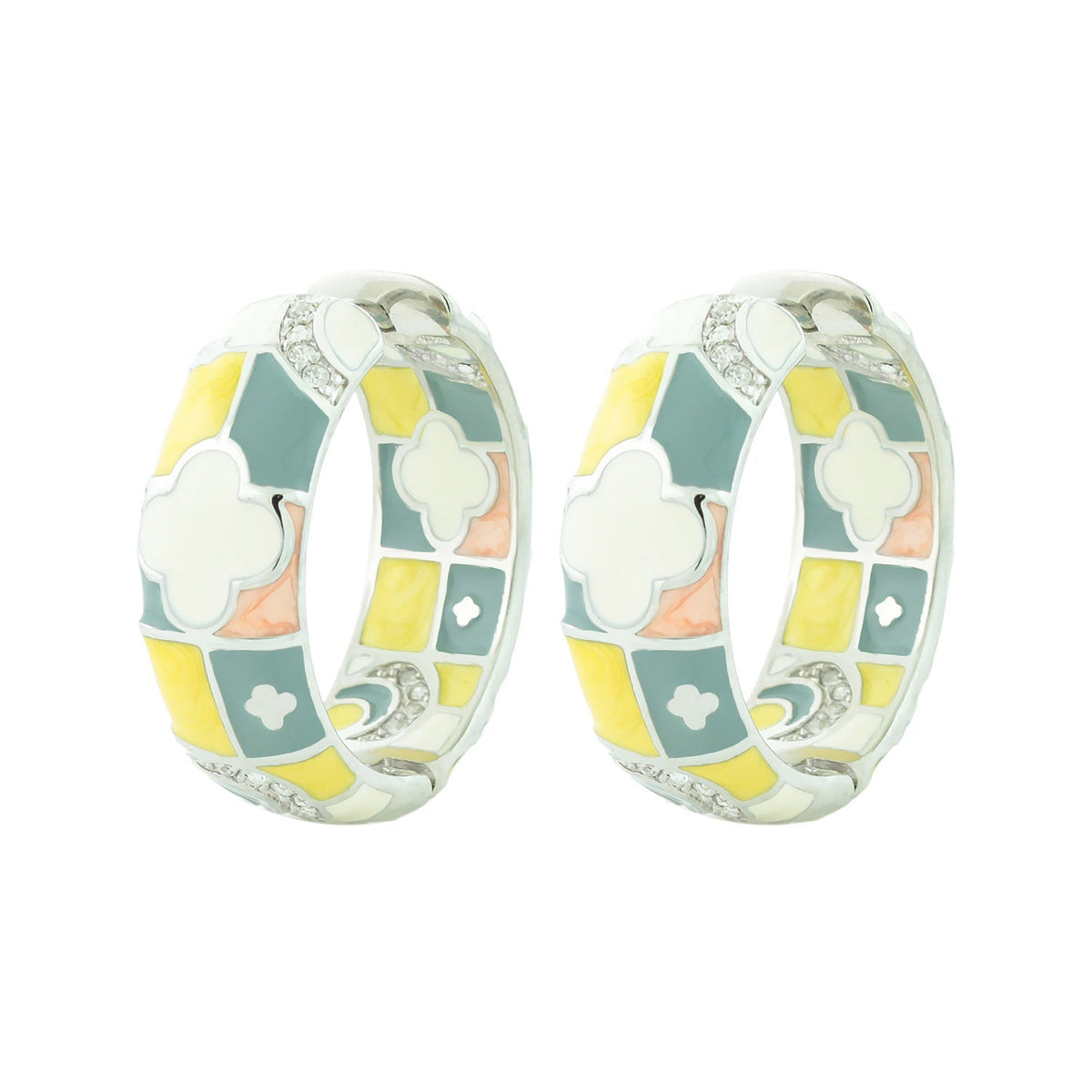 Fun Clover Earring enamel hoop pair by Lauren G Adams in pastel mosaic with cloud motifs on Tampa Home & Garden Store