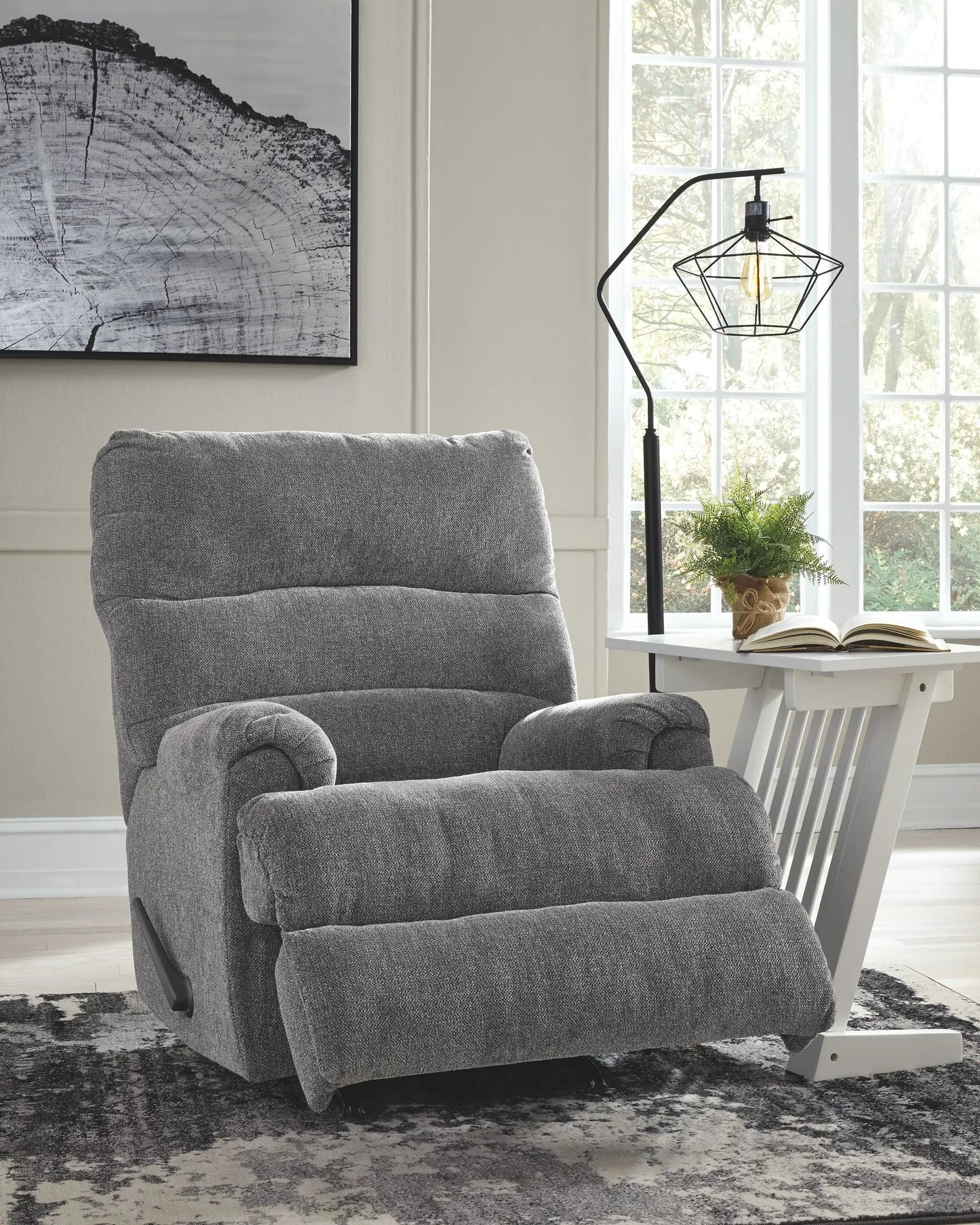Man Fort Rocker Recliner in gray fabric with white wooden rockers on Tampa Home & Garden Store