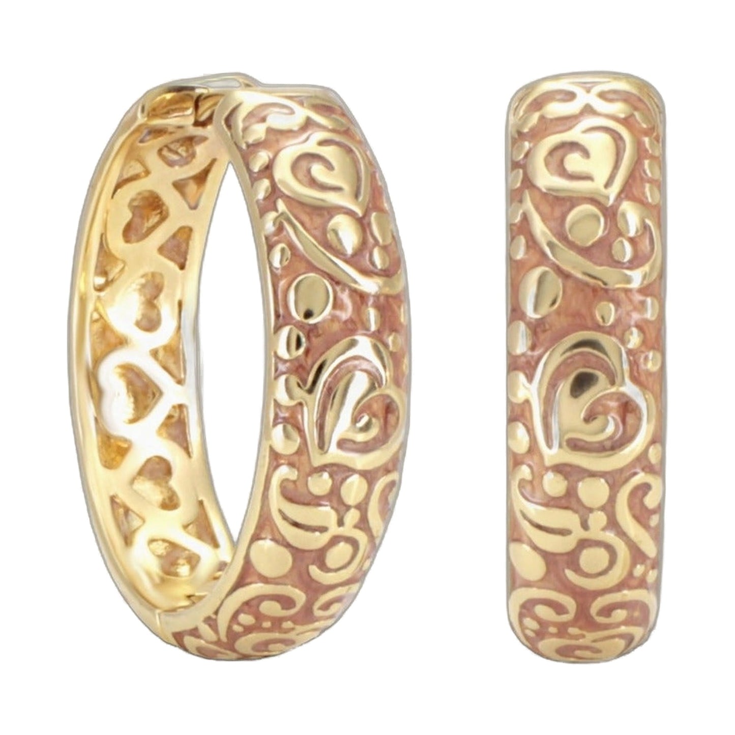 Hidden Hearts Earrings set of 3: two-tone gold and rose-gold engraved hoops with scrollwork on Tampa Home & Garden Store